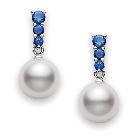 Mikimoto Morning Dew White Akoya Pearl with Blue Sapphire Earrings