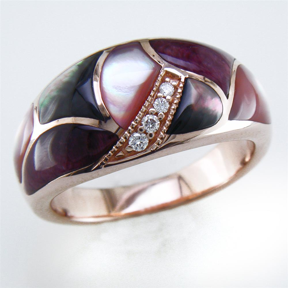 Kabana Black Mother of Pearl Inlay Ring with Diamonds in 14K Rose Gold