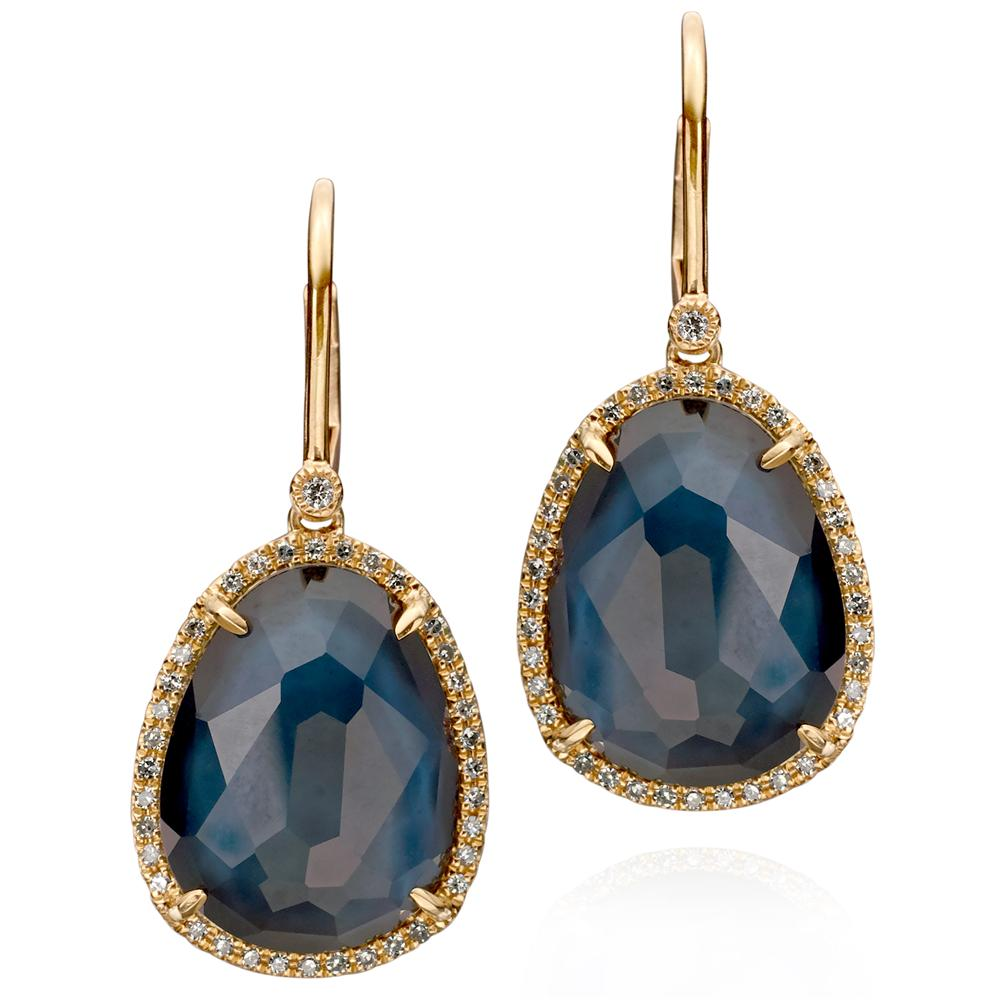 Sapphire, Mother of Pearl, & Quartz Earrings in Yellow Gold with Diamond Halos