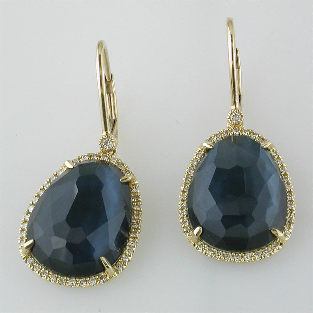 Sapphire, Mother of Pearl, & Quartz Earrings in Yellow Gold with Diamond Halos