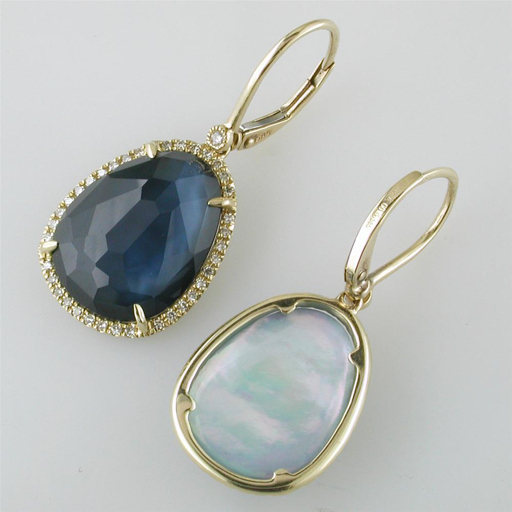 Sapphire, Mother of Pearl, & Quartz Earrings in Yellow Gold with Diamond Halos