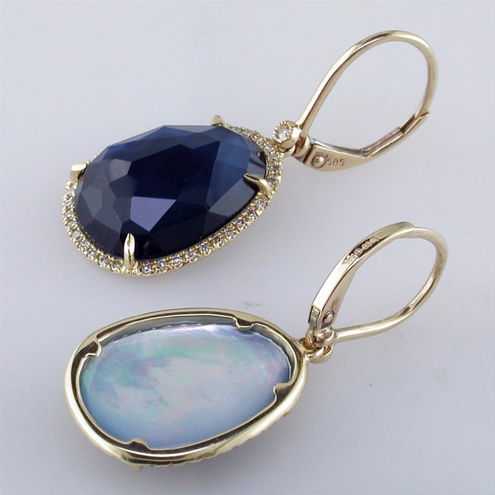 Sapphire, Mother of Pearl, & Quartz Earrings in Yellow Gold with Diamond Halos