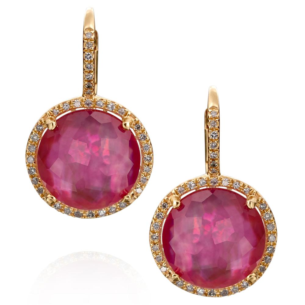 Pink Tourmaline, Mother of Pearl, & Quartz Triplet Earrings with Diamond Halo in Yellow Gold