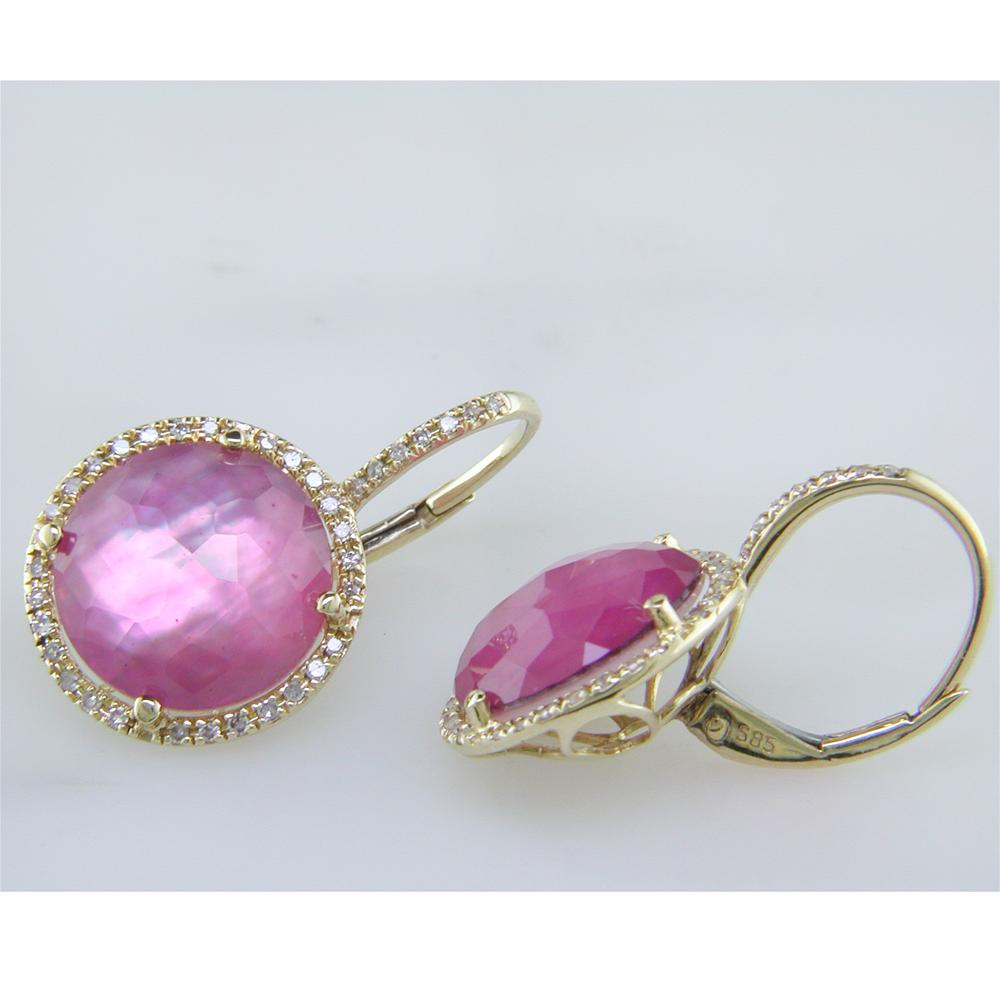 Pink Tourmaline, Mother of Pearl, & Quartz Triplet Earrings with Diamond Halo in Yellow Gold