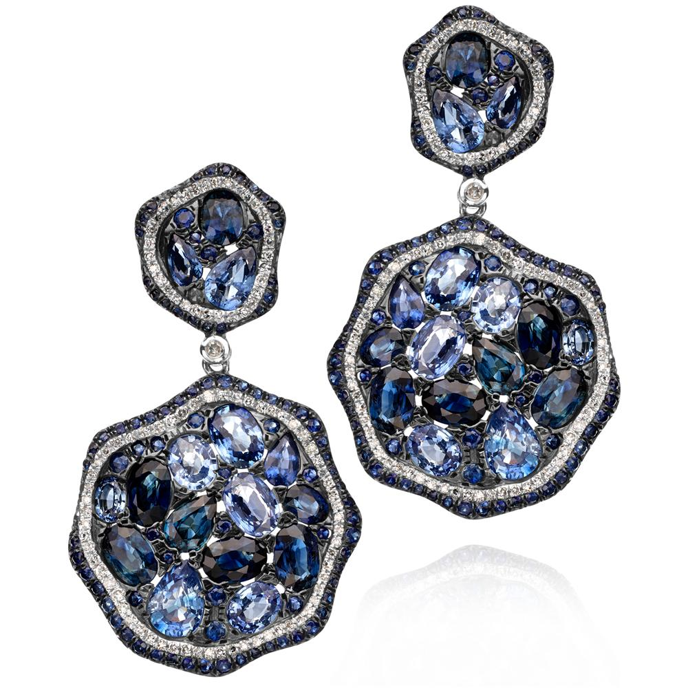 Blue Sapphire & Diamond Freeform Style Circular Double Drop Dangle Earrings 14K