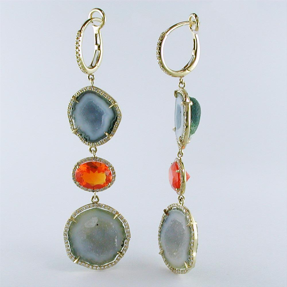 Geode Druse (Drusy) (Druzy) Collector's Gem Quartz & Fire Opal Double Dangle Earrings with Diamonds in Yellow Gold