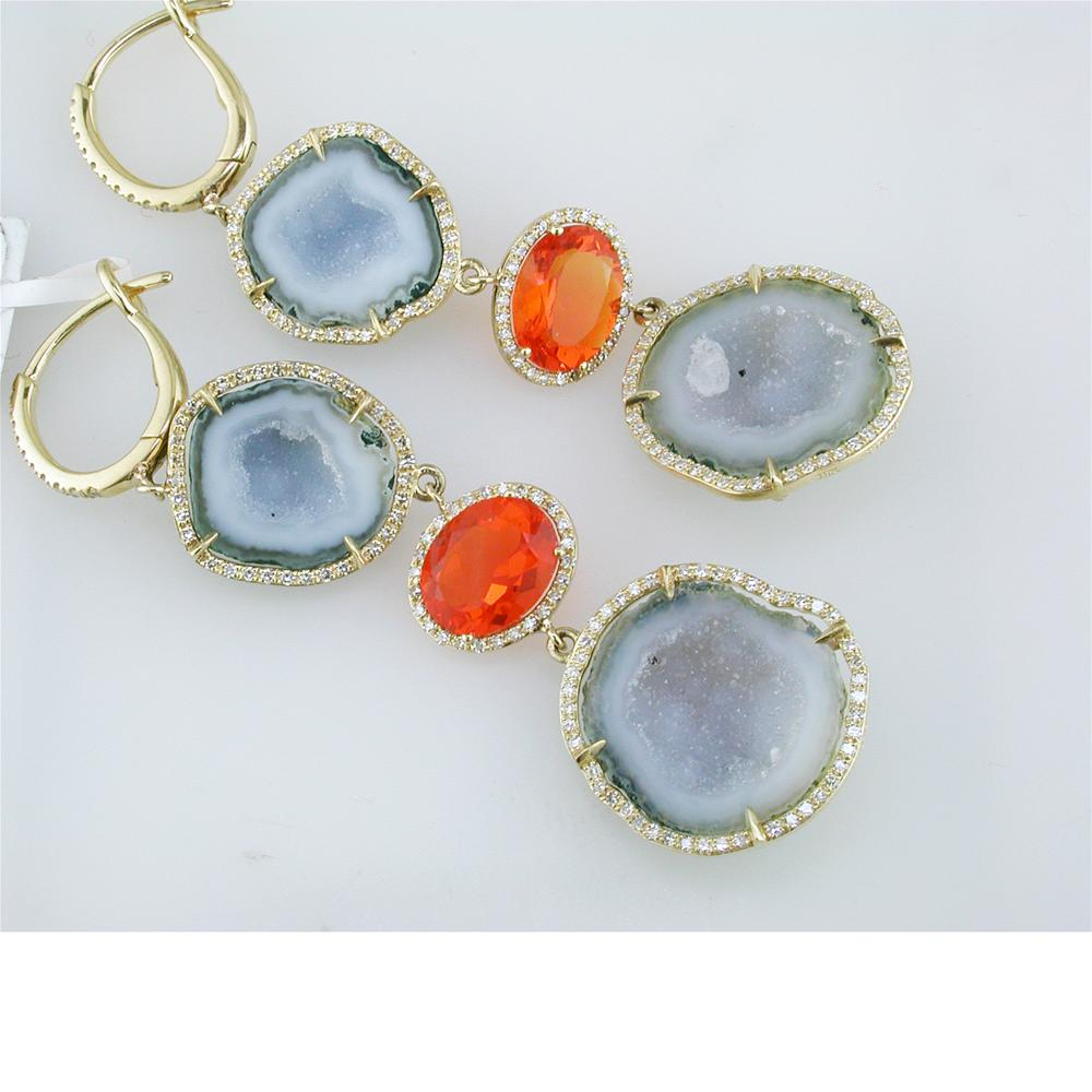 Geode Druse (Drusy) (Druzy) Collector's Gem Quartz & Fire Opal Double Dangle Earrings with Diamonds in Yellow Gold