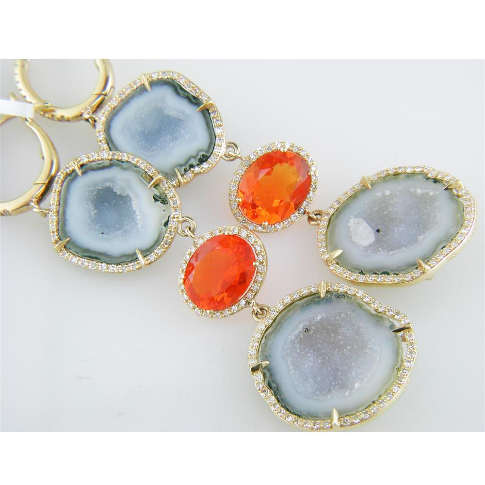 Geode Druse (Drusy) (Druzy) Collector's Gem Quartz & Fire Opal Double Dangle Earrings with Diamonds in Yellow Gold