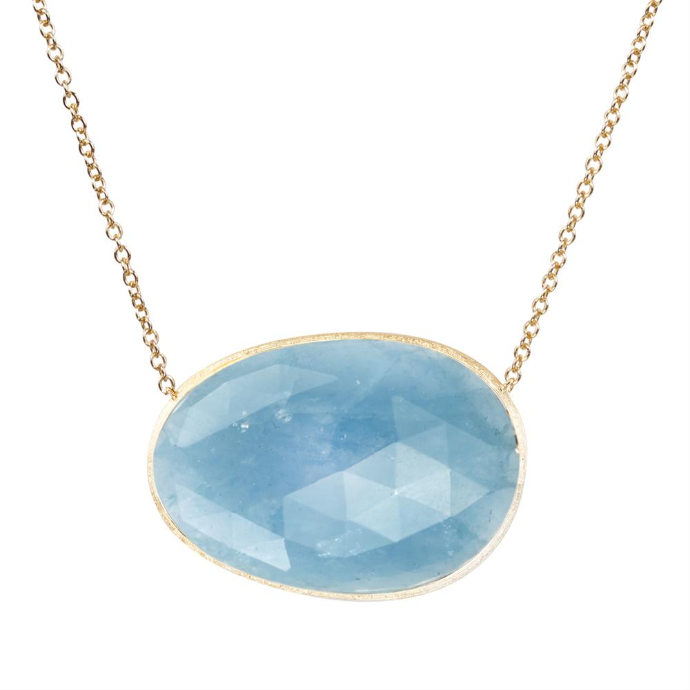 Marco Bicego Lunaria Oval Dark Aquamarine Yellow Gold Necklace Pendant CB1872 AQD