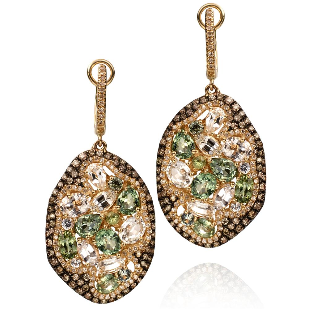 Green & Colorless Sapphire & Diamond Freeform Style Oval Drop Dangle Earrings 14K