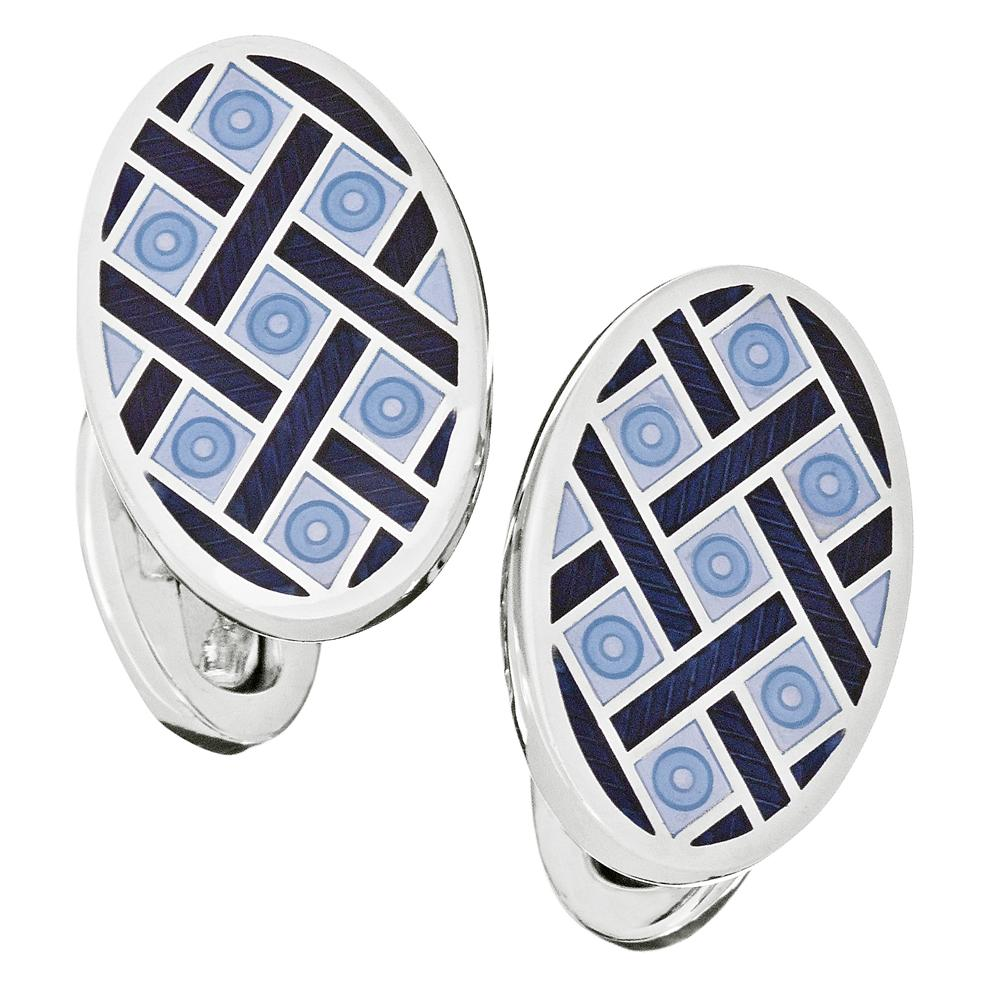 Jan Leslie Blue & Navy English Enamel Oval Criss-Cross Silver Cufflinks