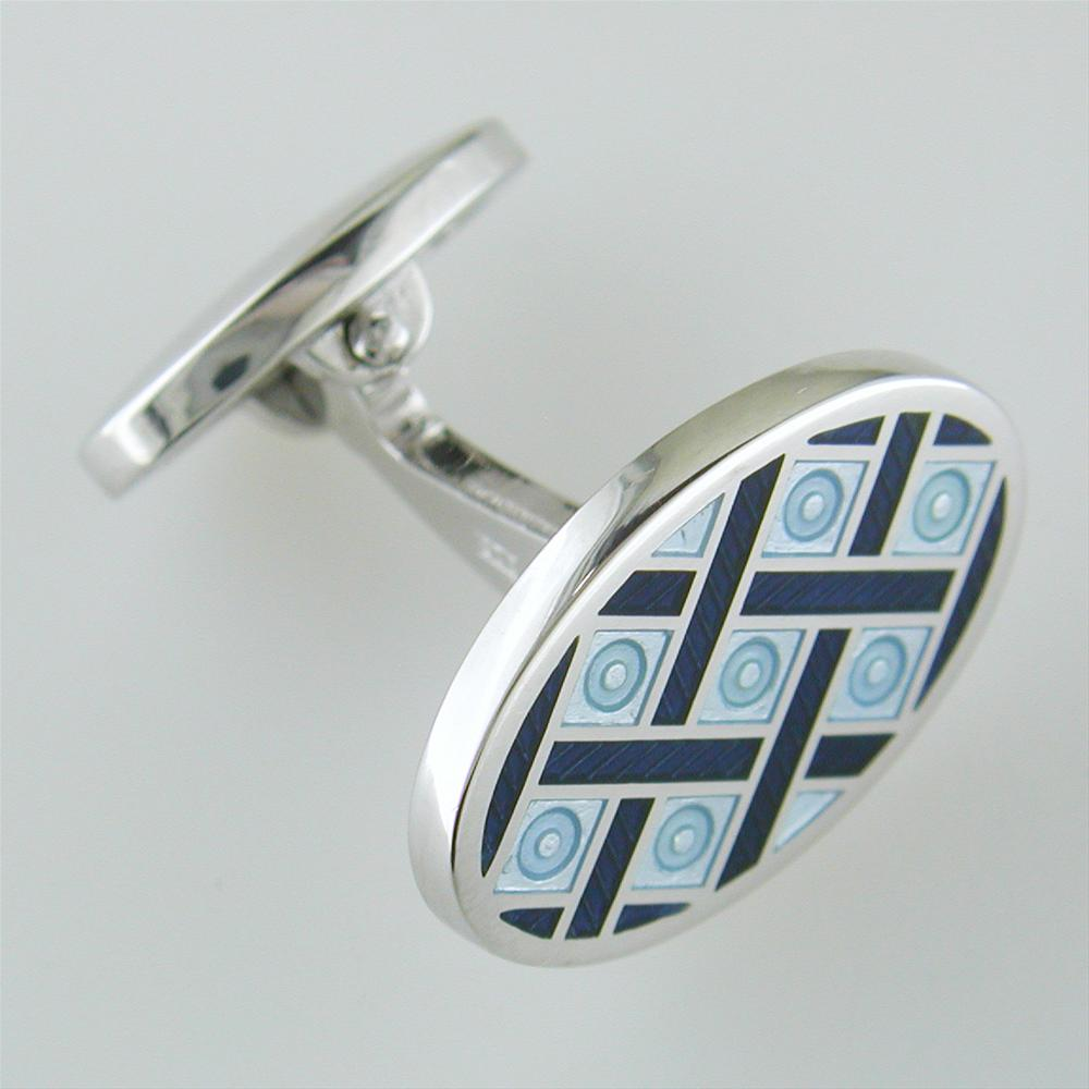 Jan Leslie Blue & Navy English Enamel Oval Criss-Cross Silver Cufflinks