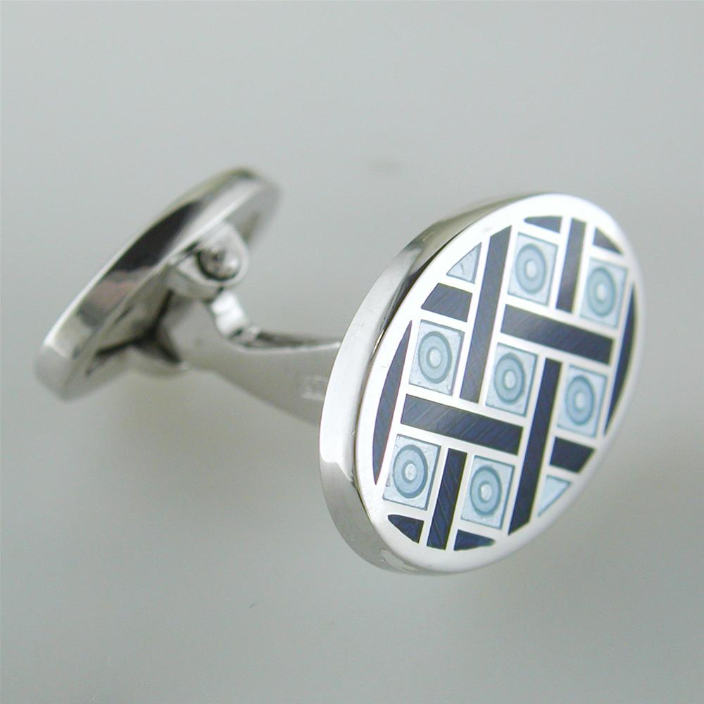 Jan Leslie Blue & Navy English Enamel Oval Criss-Cross Silver Cufflinks
