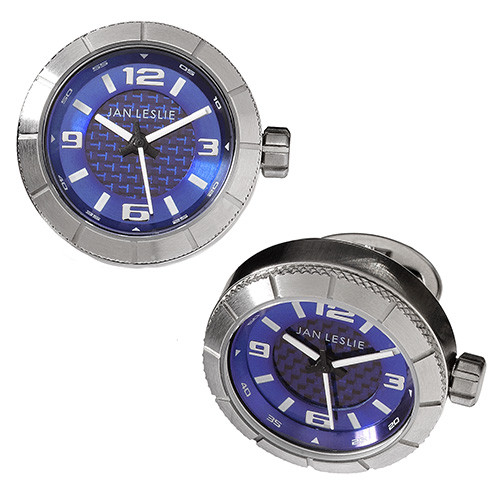 Jan Leslie Blue Sports Watch Lovers Stainless Steel Cufflinks