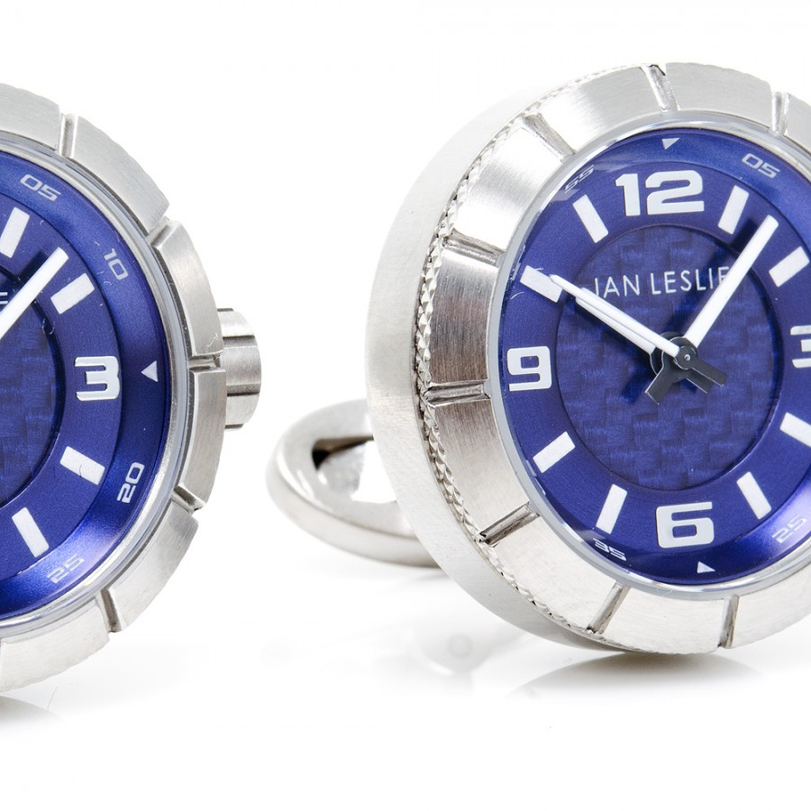 Jan Leslie Blue Sports Watch Lovers Stainless Steel Cufflinks