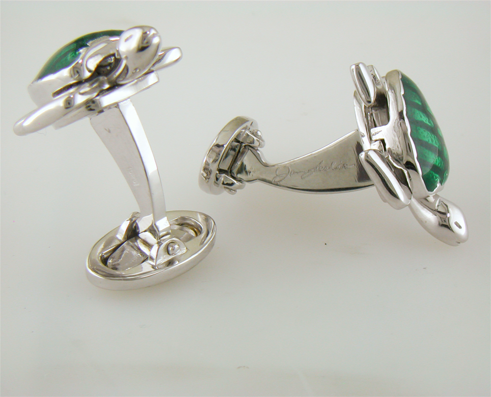 Jan Leslie Silver Turtle Cufflinks with Green Enamel S1087
