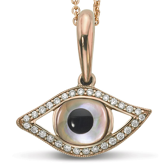 Kabana Evil Eye Pendant Necklace Kalo Mati 14k Rose Gold with Mother of Pearl & Onyx Inlay