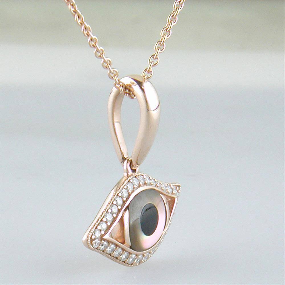 Kabana Evil Eye Pendant Necklace Kalo Mati 14k Rose Gold with Mother of Pearl & Onyx Inlay