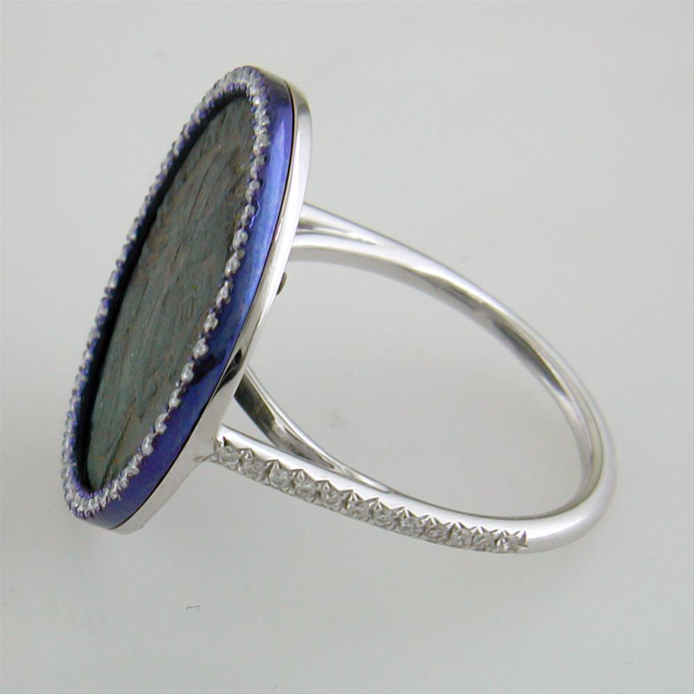 1884 "Maximiliano Erocole Period 286-305 A.D." Original Bronze Coin Ring 18K White Gold Blue Titanium with Diamonds