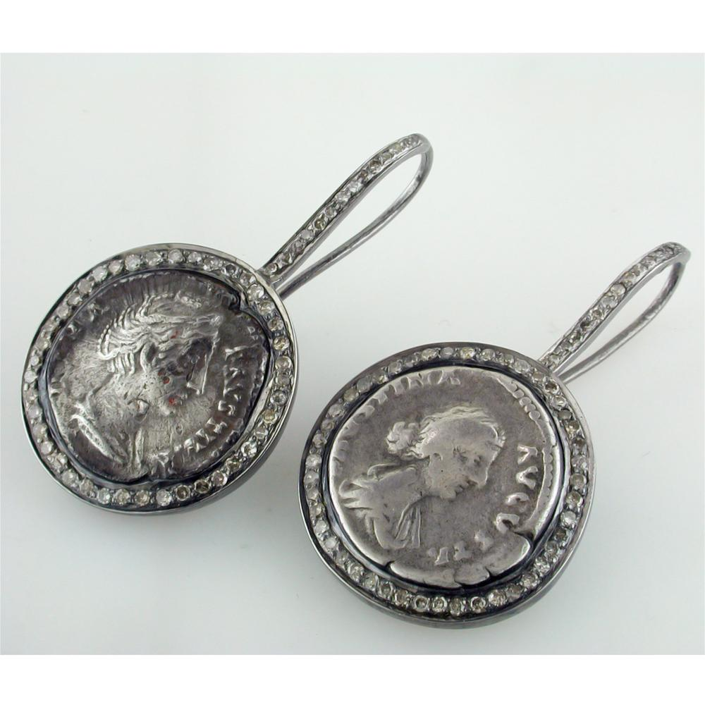 1884 "Faustina III Period 156-175 A.D." Original Bronze Coin Earrings in Sterling Silver with Diamonds