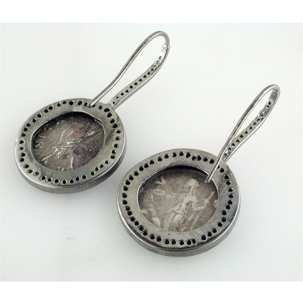 1884 "Faustina III Period 156-175 A.D." Original Bronze Coin Earrings in Sterling Silver with Diamonds