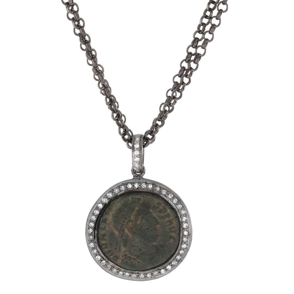 1884 "Valente Period 360-378 A.D." Original Bronze Roman Coin Sterling Silver Pendant with Diamond Halo Necklace