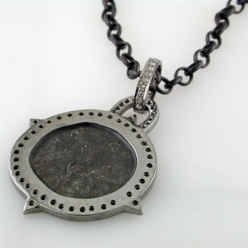 1884 "Caro Period 282-283 A.D." Original Bronze Roman Coin Sterling Silver Pendant with Diamond Halo Necklace