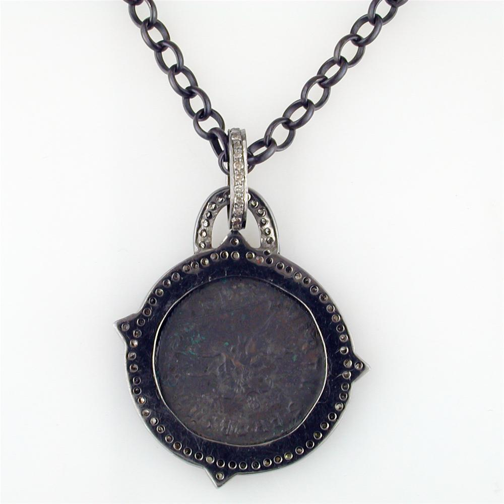 1884 "Probo Period 276-282 A.D." Original Bronze Roman Coin Sterling Silver Pendant with Diamond Halo Necklace 36"