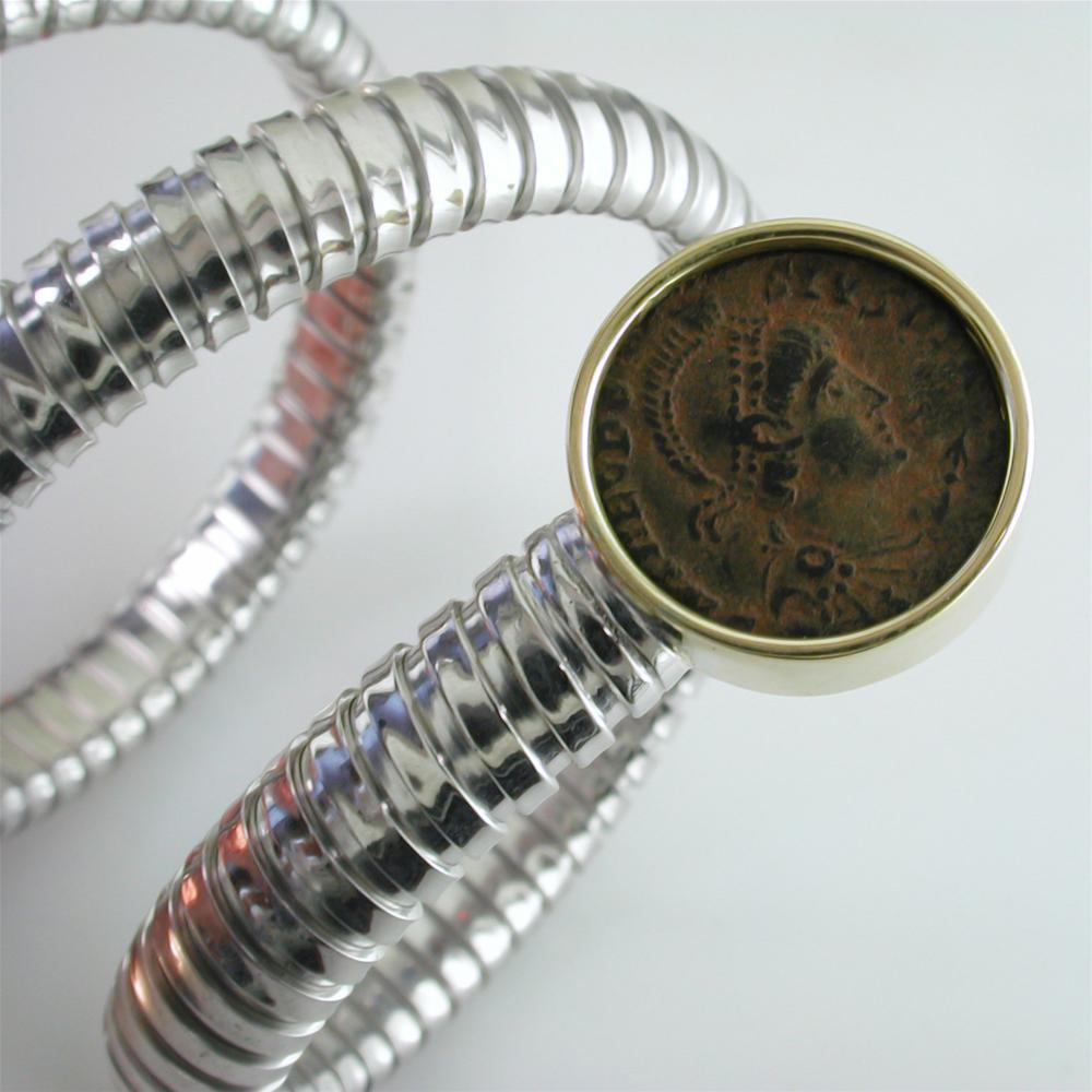 1884 "Teodosio Period 379-395 A.D." Bronze Coin in Yellow Gold Silver Tubogas Coil Bracelet