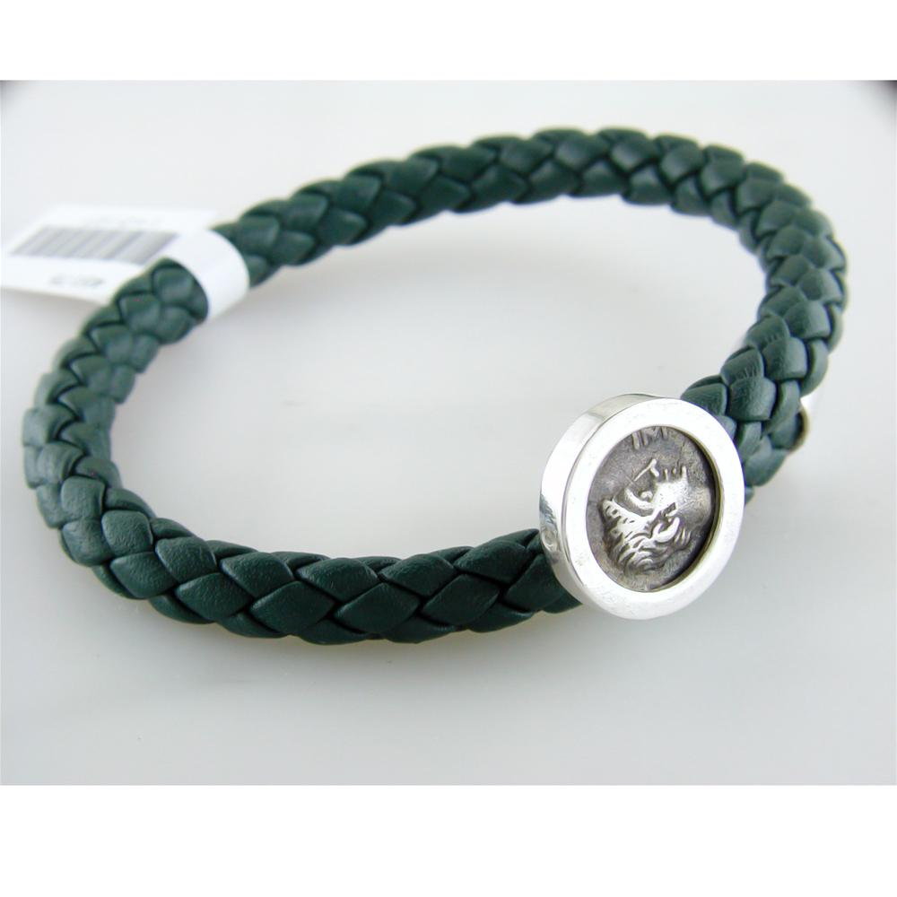 1884 Trevi Ottaviano Roman Coin Green Leather Sterling Silver Bracelet