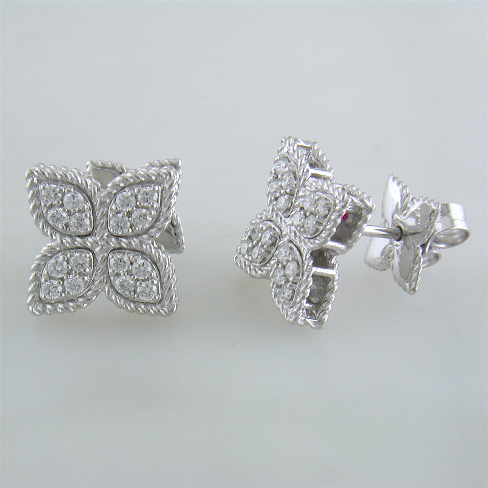 Roberto Coin Princess Flower Diamond Medium Stud Earrings 18K White Gold