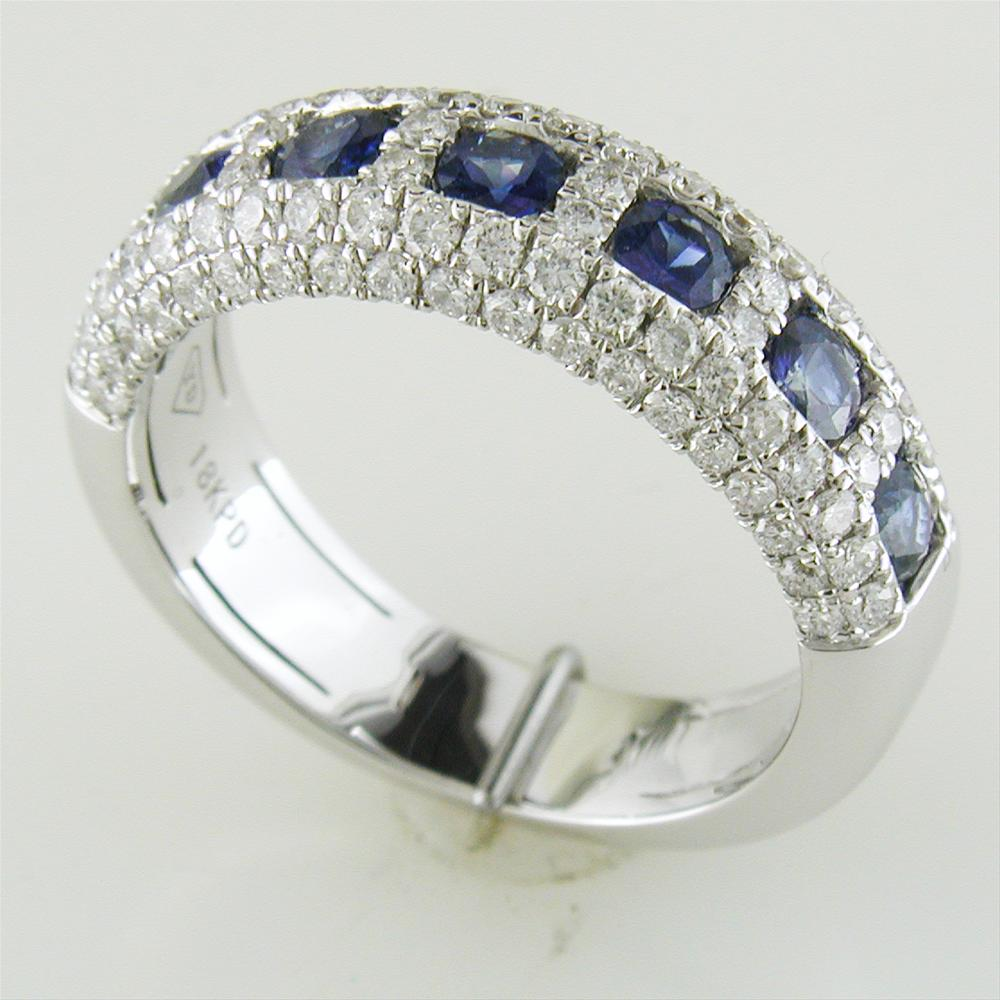 Seven Sapphire & Pave Diamond Wedding Band Ring 18K