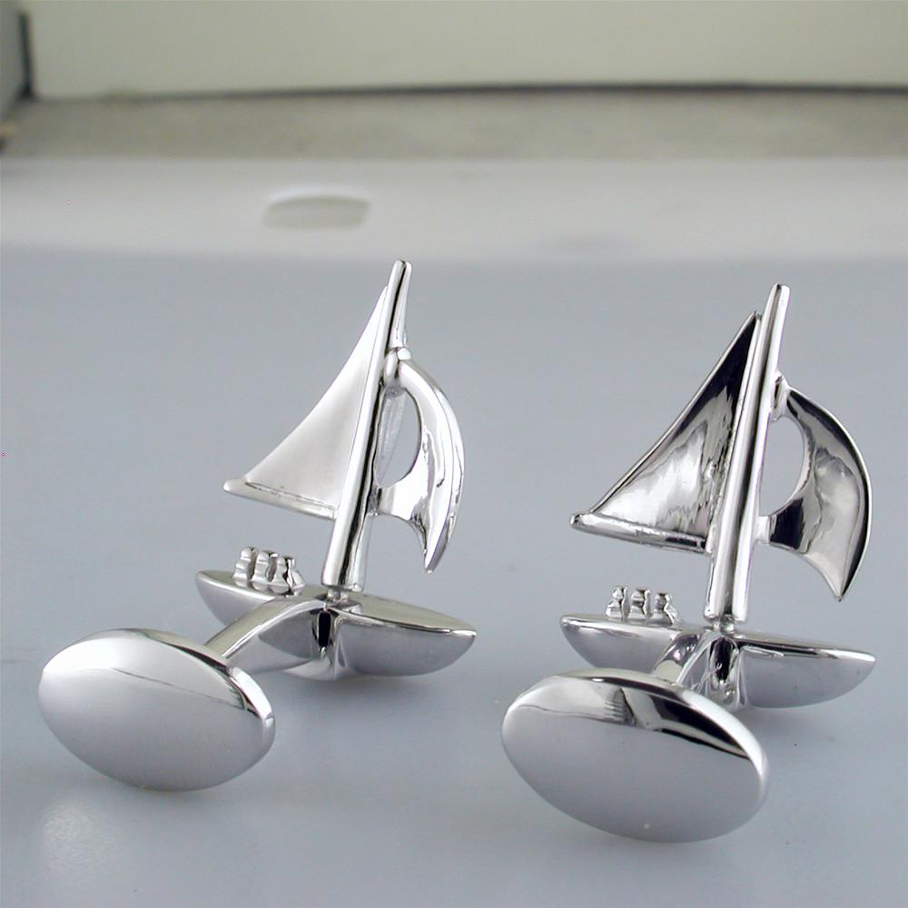 Jan Leslie Moving Sailboat Blue Enamel Sterling Silver Cufflinks