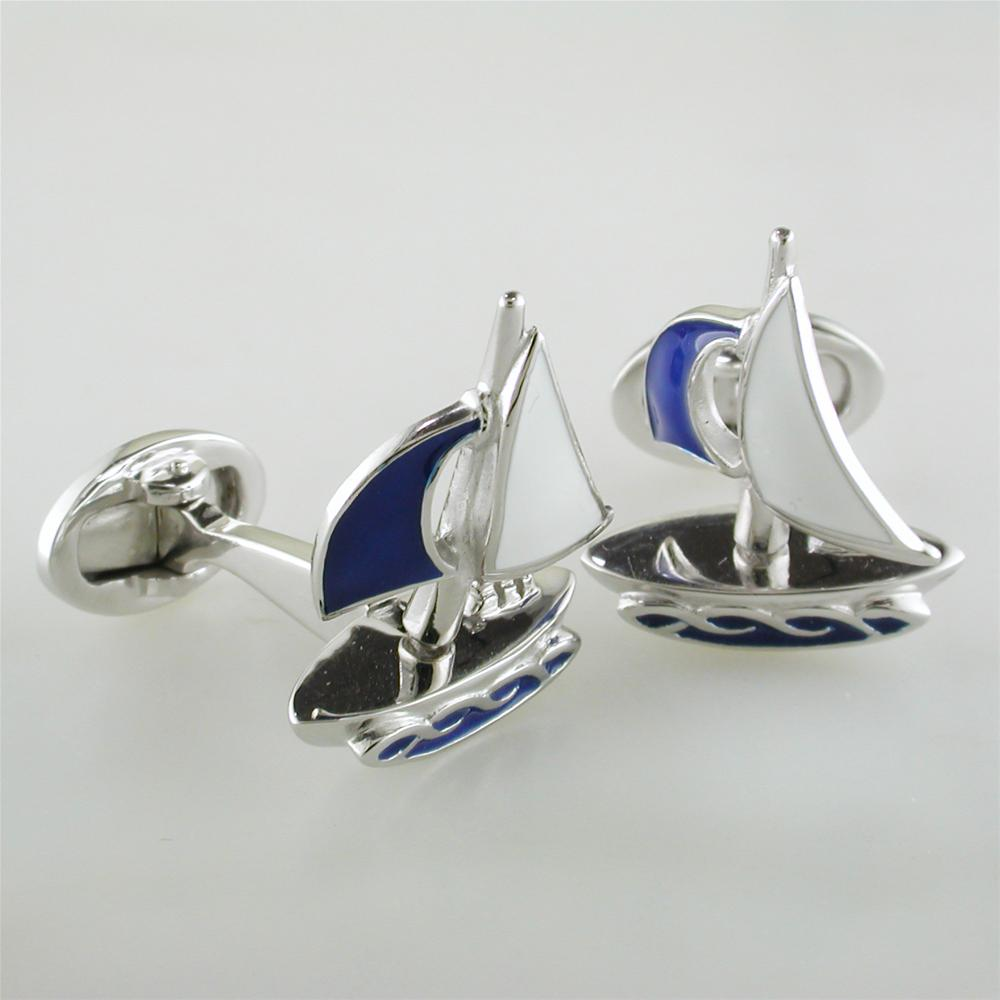 Jan Leslie Moving Sailboat Blue Enamel Sterling Silver Cufflinks