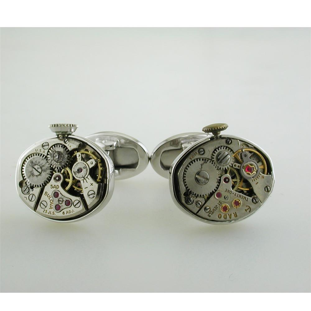 Jan Leslie Vintage Watch Rado & Bulova Movement Sterling Silver Cufflinks
