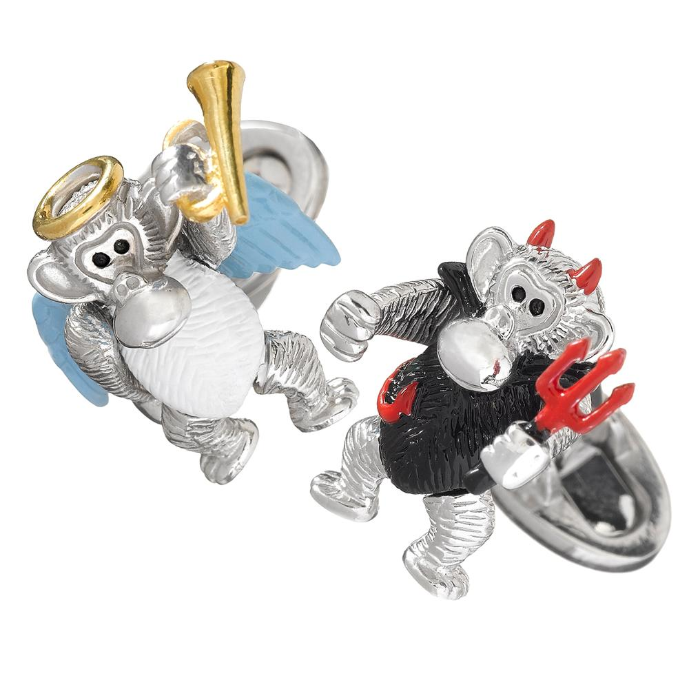 Jan Leslie Moving Monkey Angel & Devil Pitchfork Sterling Silver Cufflinks