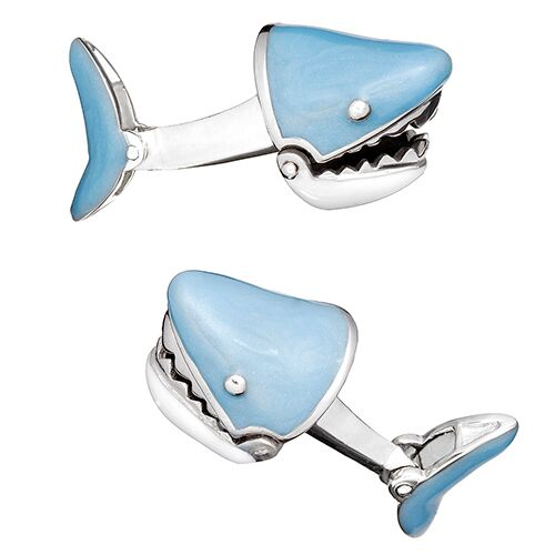 Jan Leslie Moving Blue Shark Jaws Sterling Silver Cufflinks