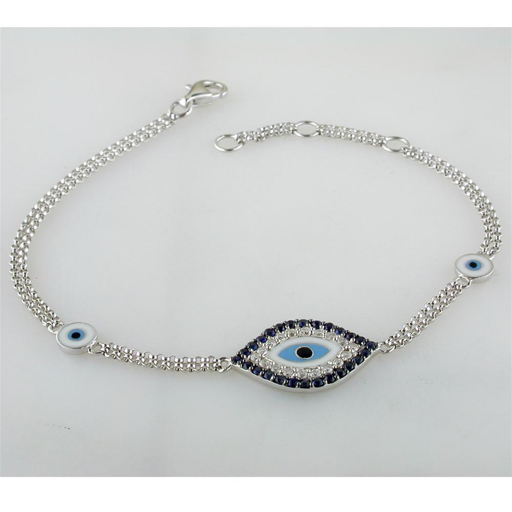 Evil Eye Mati Blue Sapphire & Diamond Diamond 18K White Gold Bracelet with Enamel