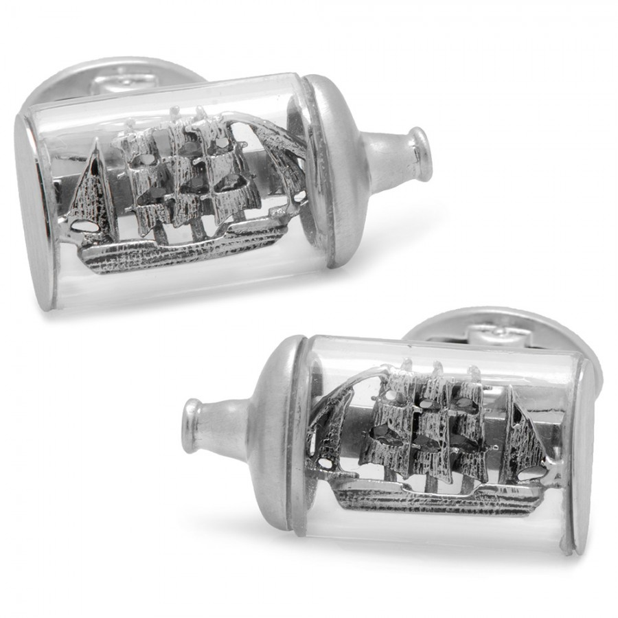 Jan Leslie Pirate Ship in a Bottle Glass & Sterling Silver Cufflinks S2600