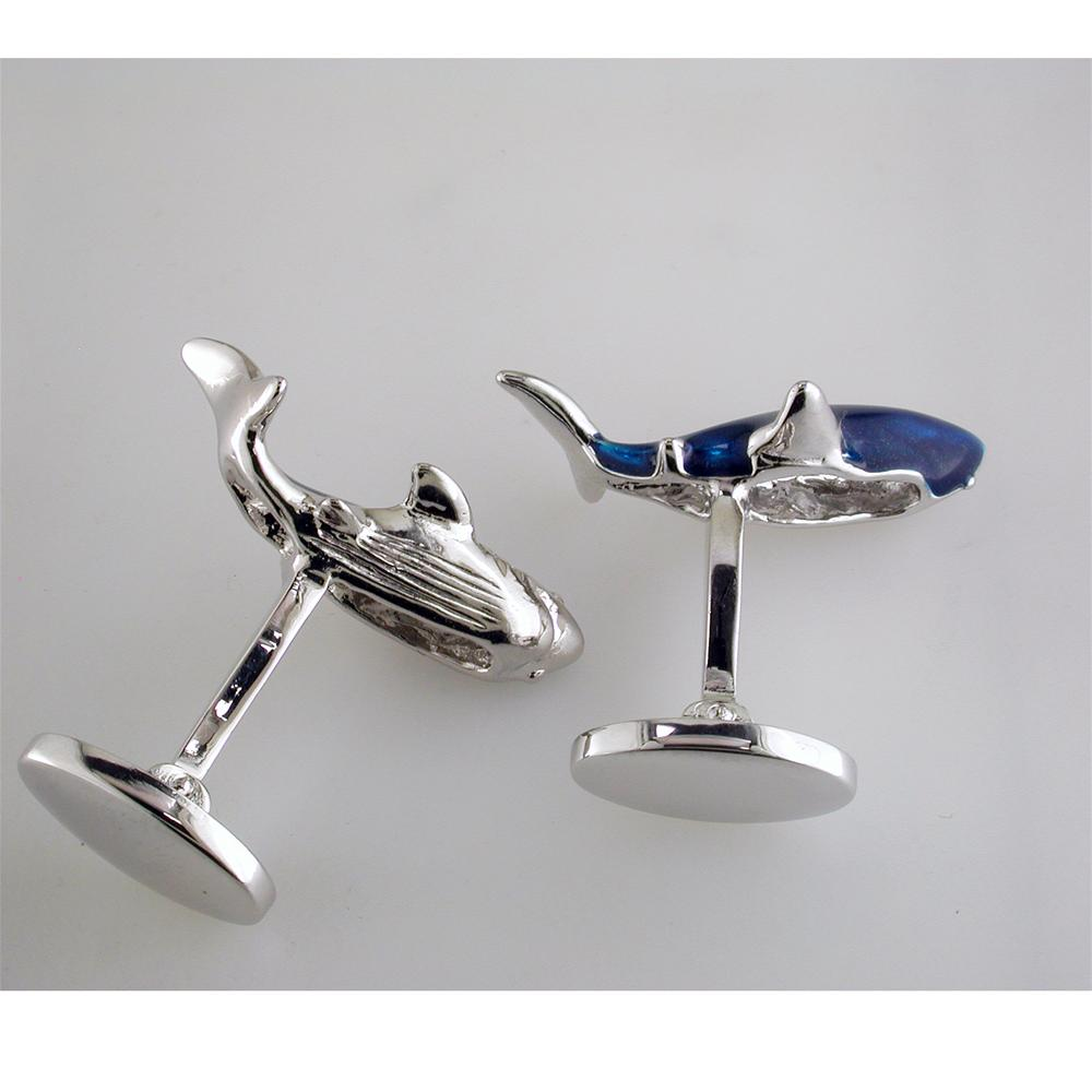 Jan Leslie Blue Great White Circling Shark Cufflinks with Hand-Painted Enamel