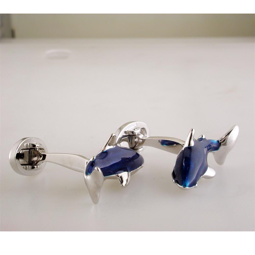 Jan Leslie Blue Great White Circling Shark Cufflinks with Hand-Painted Enamel