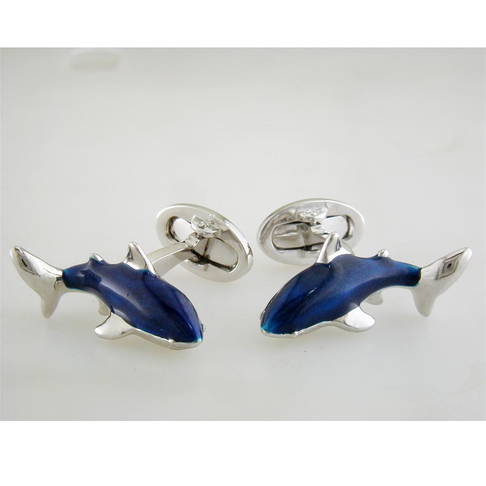 Jan Leslie Blue Great White Circling Shark Cufflinks with Hand-Painted Enamel