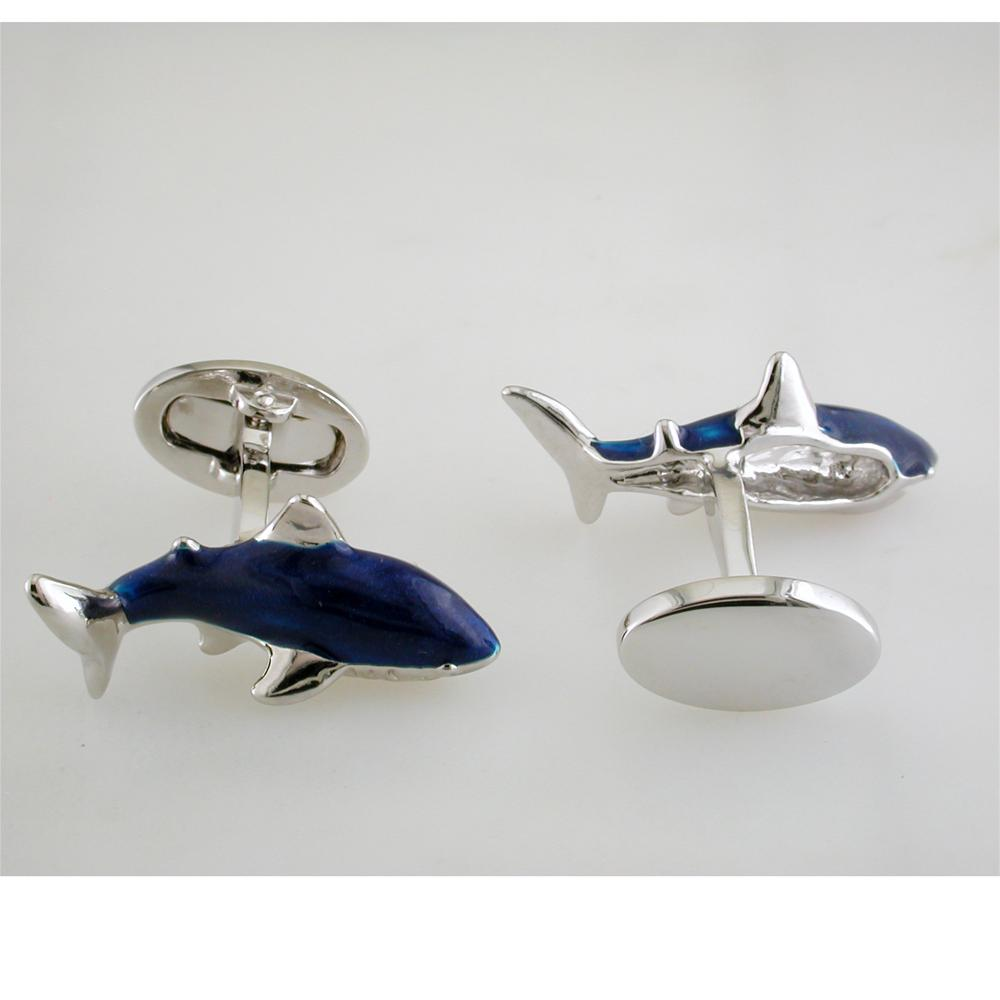 Jan Leslie Blue Great White Circling Shark Cufflinks with Hand-Painted Enamel