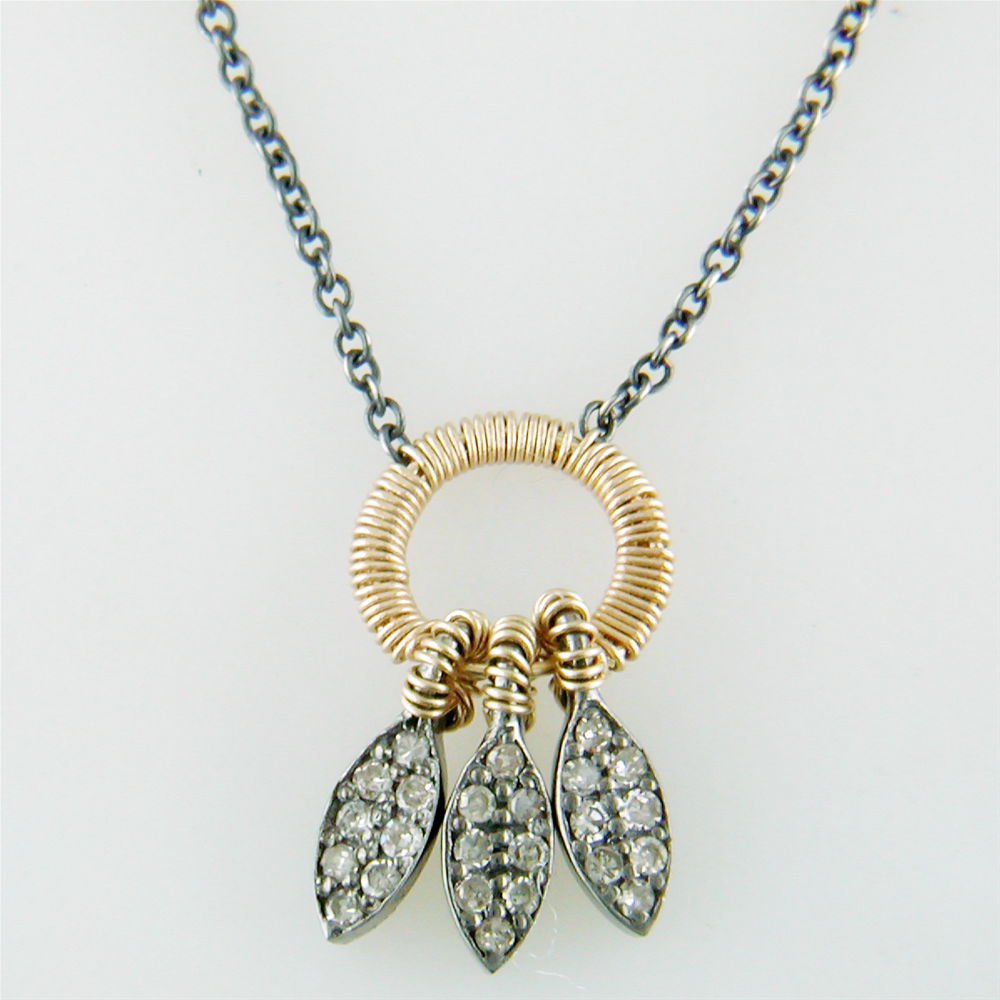 Dana Kellin Three Feather Necklace Blackened Silver & Yellow Gold