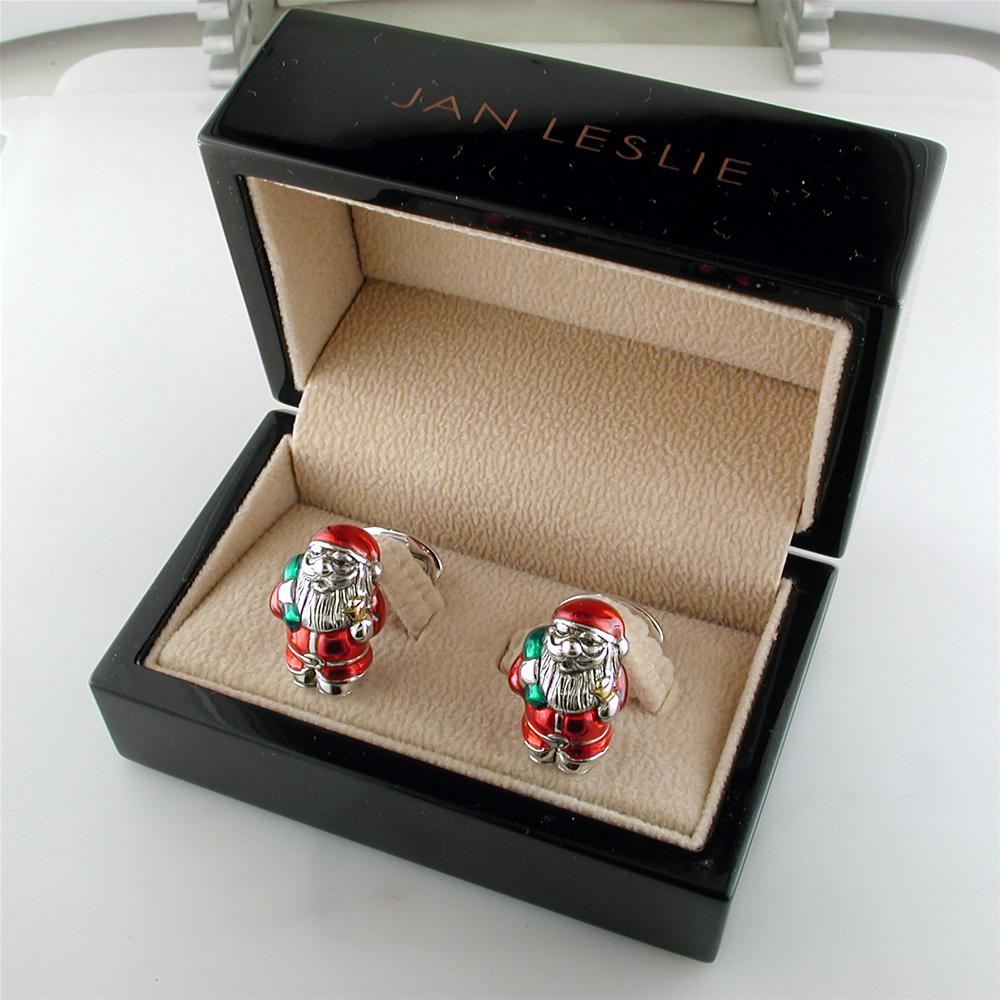 Jan Leslie Santa Claus Cufflinks Red Green Enamel Sterling Silver S0166