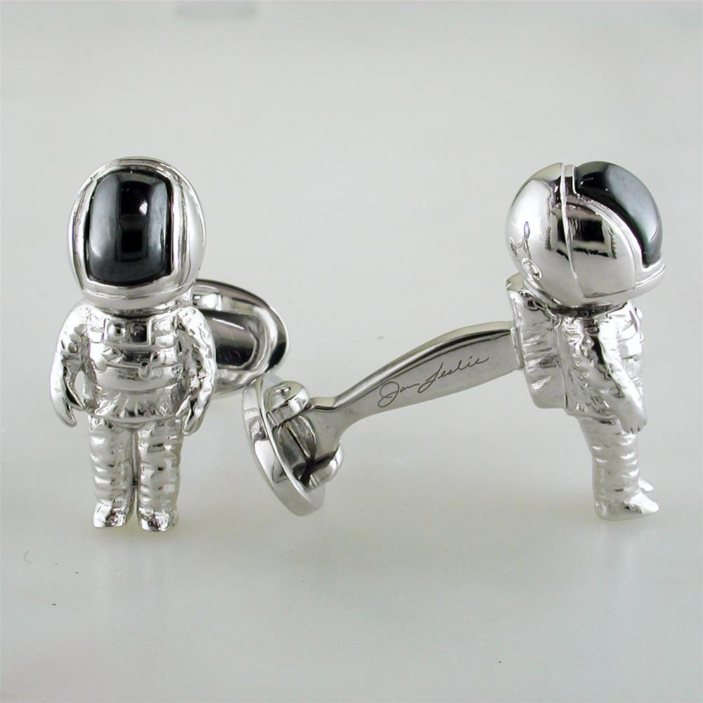Jan Leslie Astronaut Hematite Bobble Head Helmet Cufflinks Sterling Silver NASA S0119