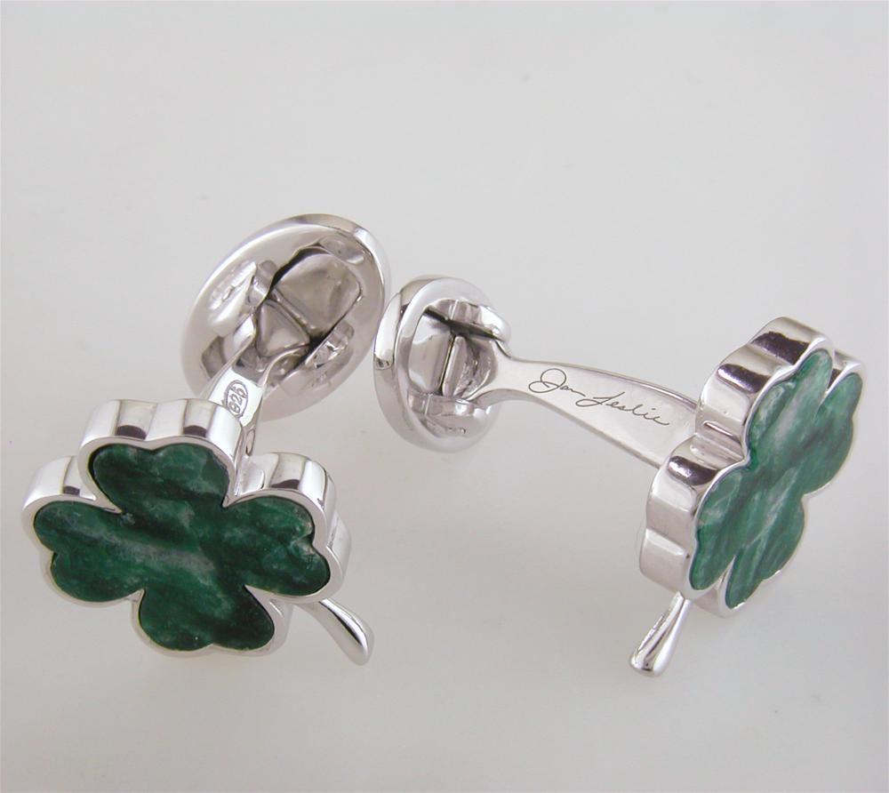 Jan Leslie Four Leaf Clover Silver Cufflinks in Italian Green Chalcedony