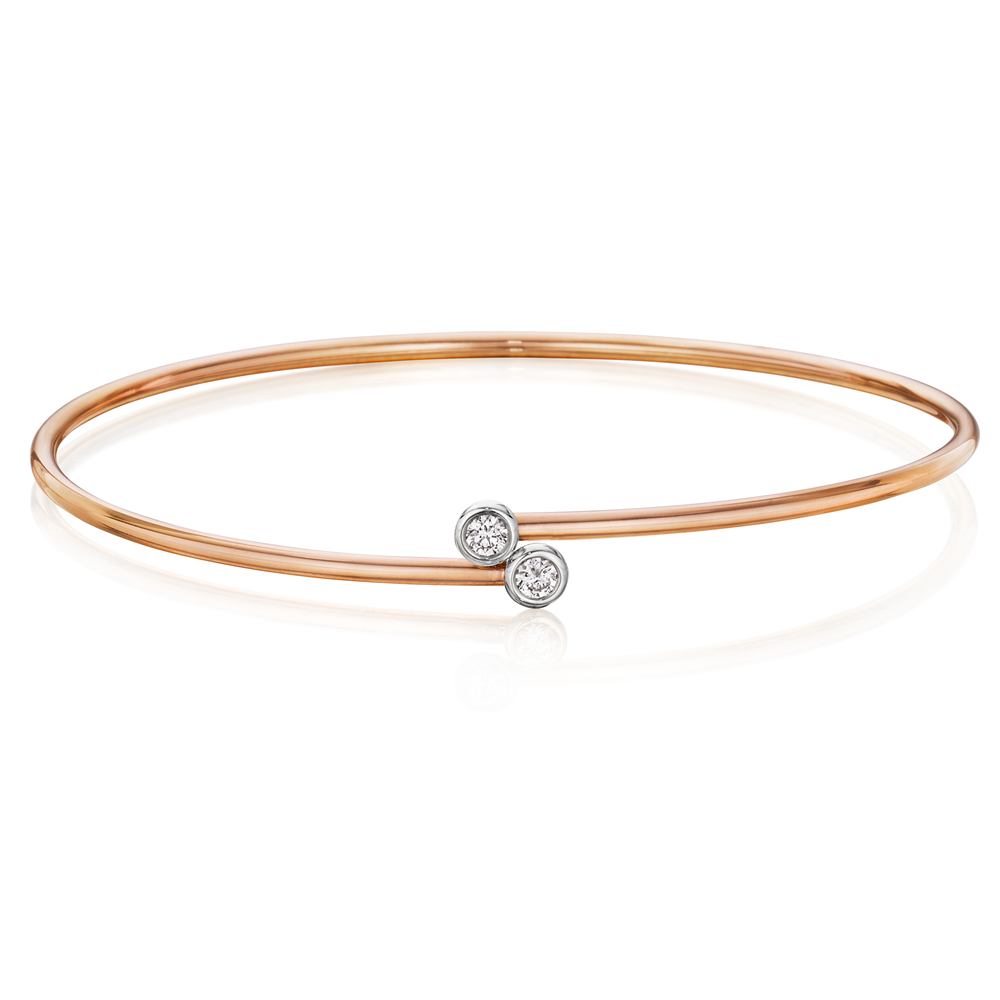 18K Yellow Gold Bangle Bracelet with Two Bezel Set Diamonds