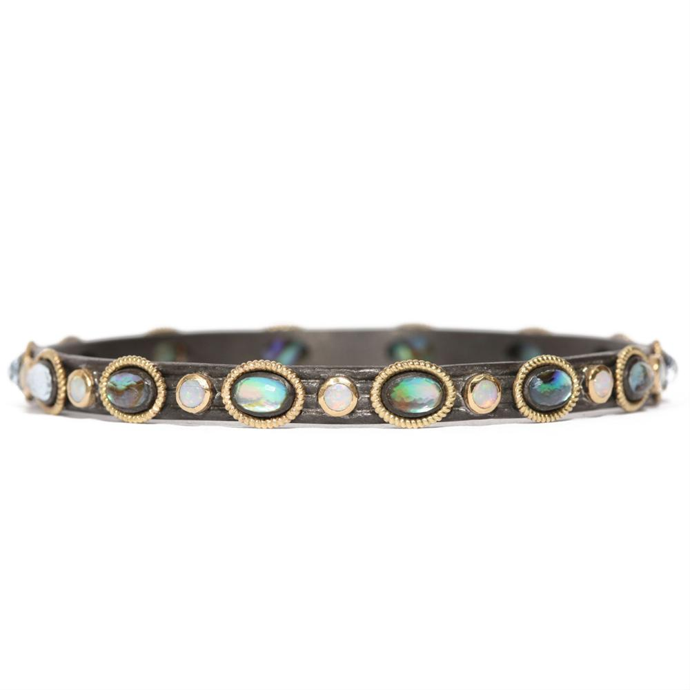 Armenta 18 Karat Yellow Gold, Oxidized Sterling Silver, Opal & Blue Mother of Pearl Bangle Bracelet