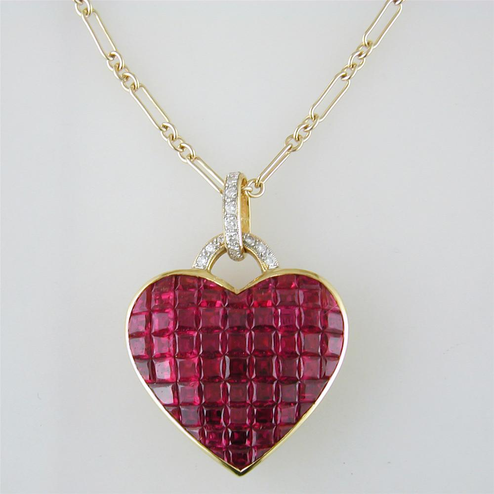Vintage Estate Invisible Set Ruby Gold Heart Pendant Necklace